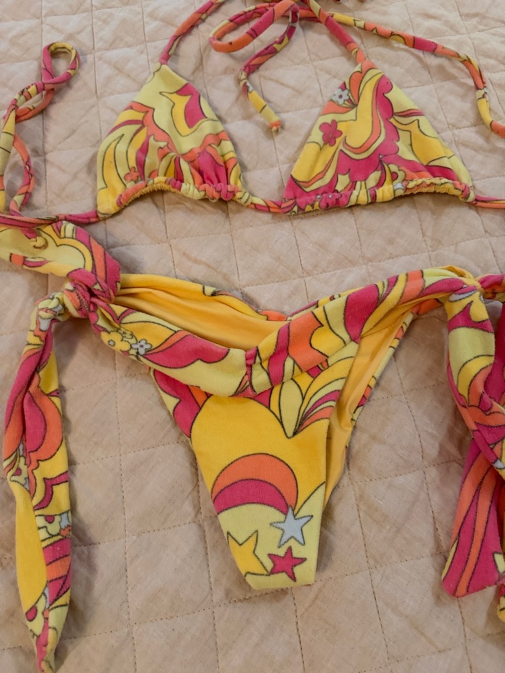 Frankie’s Bikinis Terry Yellow & Pink Swirl String Bikini Two-Piece - Picture 2 of 3